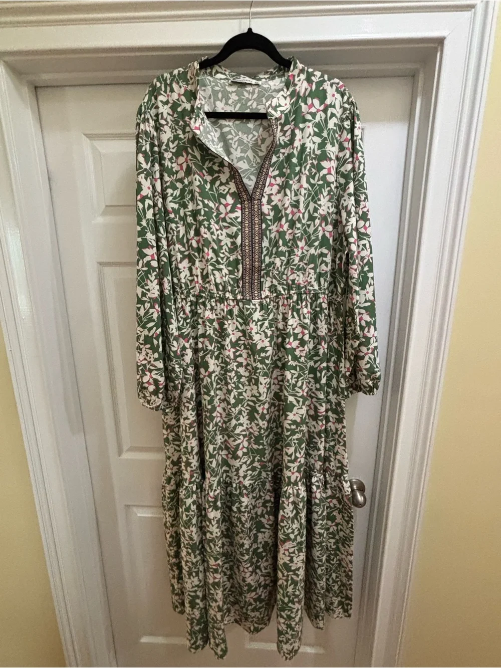 Green Floral Tiered Maxi Dress with Pink Accents - Picture 1 of 4
